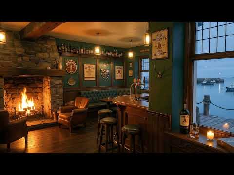 Irish Pub Ambience ☘️ Cozy Coastal Tavern, Warm Fireplace & Gentle Waves | Irish Folk Music