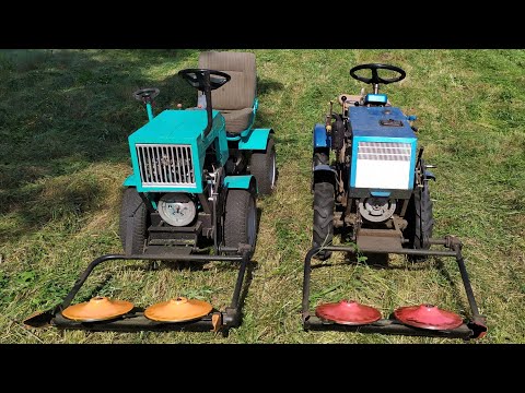 Сенокос на двух самодельных минитракторах с роторными косилками.