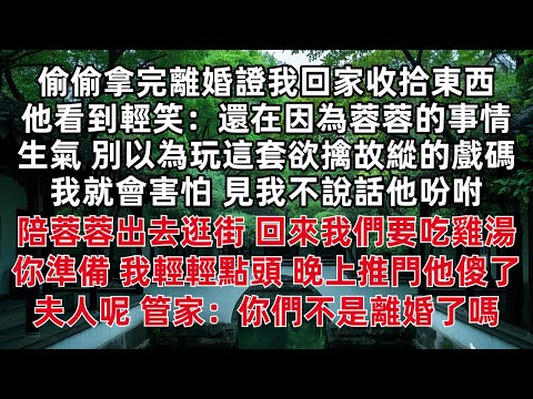 偷偷拿完離婚證我回家收拾東西 他看到輕笑：還在因為蓉蓉的事情生氣？別以為玩這套欲擒故縱的戲碼我就會害怕  見我不說話他吩咐 陪蓉蓉出去逛街 回來我們要吃雞湯  晚上回来他傻了 管家：你們不是離婚了嗎