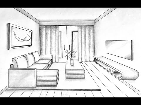 How to draw a living room in one point perspective