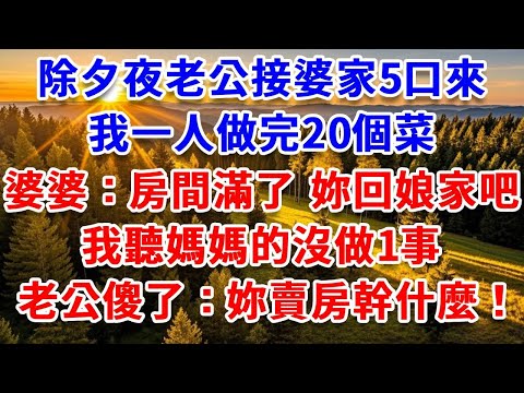 除夕夜老公接婆家5口來，我一人做完20個菜，婆婆：房間滿了 妳回娘家吧！我聽媽媽的沒做1事，老公傻了：妳賣房幹什麼！#思妤說故事#為人處世#生活經驗#情感故事#晚年哲理#說故事#完結文#原創故事