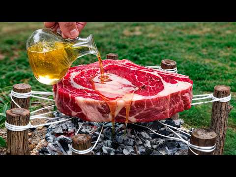 Cooking a Giant Steak on a Handmade Forest Grill | Bushcraft Outdoor Cooking