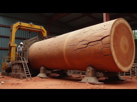 The Process Sawing Giant Wood Tree Weighing Dozens of Tons: Scene Full of Pressure and Danger