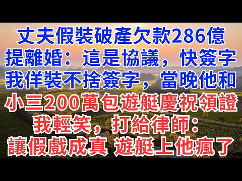 丈夫假裝破產欠款286億，提離婚：這是協議，快簽字，我佯裝不捨簽字，當晚他和小三200萬包遊艇慶祝領證，我輕笑，打電話給律師：讓假戲成真，遊艇上的他瘋了！#慧心家事#為人處世#生活經驗#情感故事#戀愛
