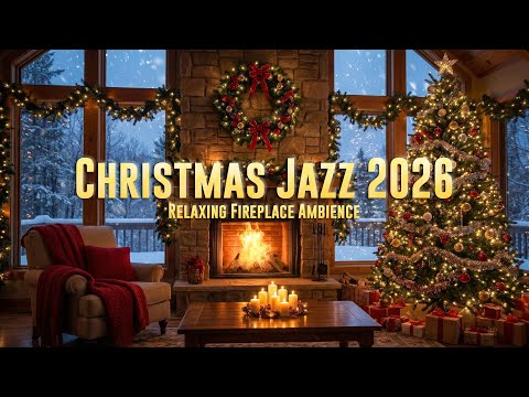 Relaxing Christmas Jazz Instrumental 🎄 Cozy Fireplace & Snowfall | 1 Hour Cafe Music