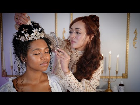 ASMR Bridgerton Inspired Hairstyle for Curly Hair: Updo, Accessories, Water Spray, Finishing Touches