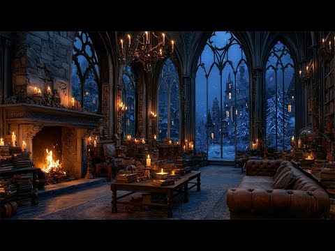 Cozy Victorian Library Ambience in Snowy Old Town | Dark Academia Piano Music with Fireplace