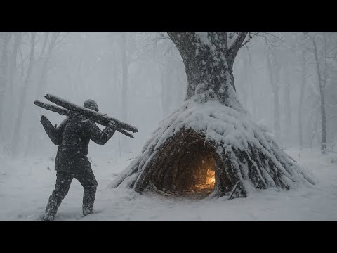 winter bushcraft camping in tree trunk : lost in snow forest- no sleeping bags- no gear -14°C 