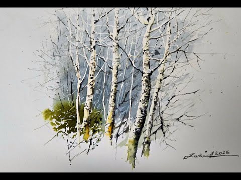 Watercolour painting tutorial : Birch Trees in the Snow