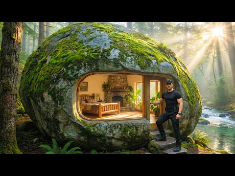 Construindo uma casa dentro da Pedra Gigante (ASMR) | Construindo na Floresta sozinho