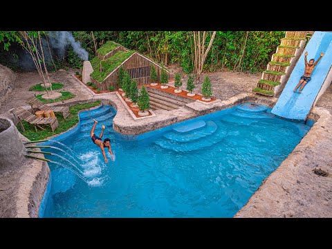 90 Days Build Underground Hut with Grass Roof and Swimming Pool with Waterslide