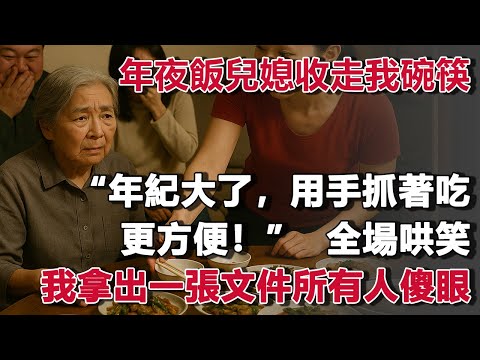 年夜飯兒媳收走我碗筷，“年紀大了，用手抓著吃更方便！”  全場哄笑，我拿出一張文件所有人傻眼！#夜讀人生 #朝夕書卷  #情感故事  #為人處世 #不肖子孫 #養老故事 #樂齡故事匯