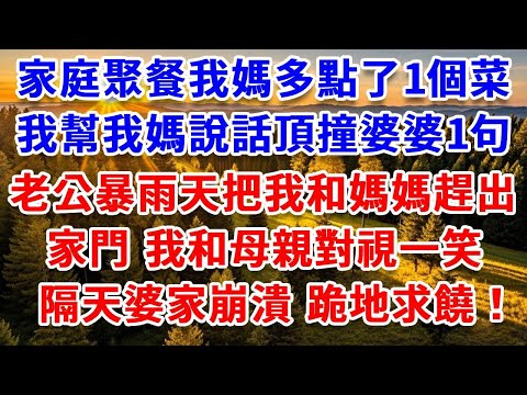 家庭聚餐我媽多點了1個菜，我幫我媽說話頂撞了婆婆1句，老公暴雨天把我和媽媽趕出家門，我和母親對視一笑，隔天婆家崩潰 跪地求饒！#思妤說故事#為人處世#生活經驗#情感故事#晚年哲理#說故事#完結文#原創