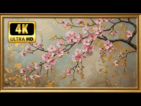 Unleash the Beauty of Spring with this Exquisite Cherry Blossom Painting | Gold Frame Vintage TV ART