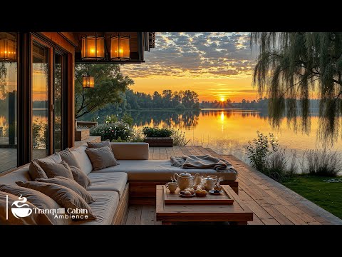 Relieve Stress With Soothing Jazz In Sunset | Calm Jazz In Lakeside Coffee Ambience For Relaxing