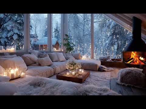 🎹 Winter Piano in White Room | Snowy Window View Fireplace for 3 Hours | Chill Study Calm Meditation