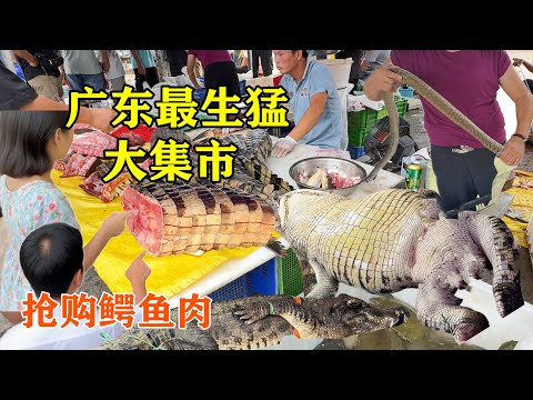 中国广东最生猛大集市，鳄鱼现宰现卖，女摊主徒手抓大蛇，大开眼界！，烧猪、乌龟、蠍子……食材新鲜应有尽有！
