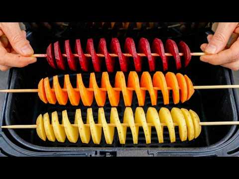 I Stopped Buying Chips After This Skewer Trick! Air Fryer Tornado Potatoes (Beet + Sweet Potato) 🌪️