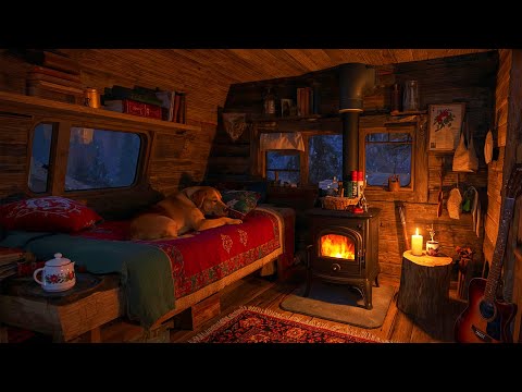 Fall Asleep Fast in a Warm Camper Van - Snowstorm Night, Fireplace Sounds and Deep Sleep Relief