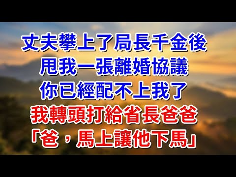 丈夫攀上了局長千金後，甩我一張離婚協議，你已經配不上我了，我轉頭打給省長爸爸：爸，馬上讓他下馬#阿木講故事#為人處世#生活經驗#情感故事#養老#睡前故事