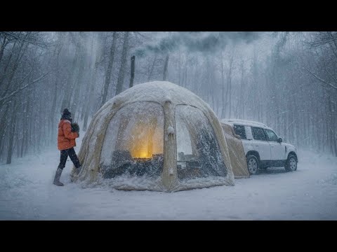 Amazing glass dome inflatable tent solo car camping in snowy forest