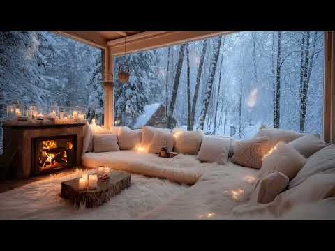 Cozy Blizzard Cabin Piano by the Window | Winter Storm Sounds & Fireplace | Calm Sleep Study