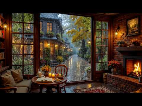 Relaxing Rainy Coffee Shop ☕ Calm Jazz Piano & Fireplace Sounds for Deep Focus & Stress Relief