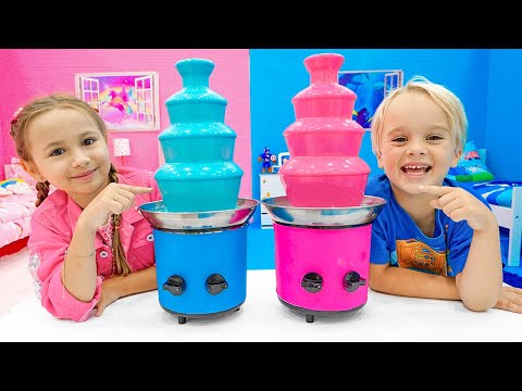 Chris and Nicole explore Pink vs Blue Rooms Challenge - Funny stories for kids