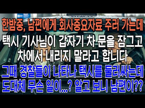 한밤중, 남편에게 회사 중요 자료가 담긴 USB를 주러 가는데, 택시 기사님이 갑자기 차문을 잠그고 차에서 내리지 말라고 합니다. 그때 경찰들이 나타나서 택시를 둘러싸기 시작하는데