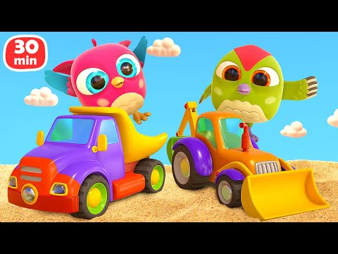 A toy excavator and a toy dump truck for kids! Hop Hop & Peck Peck play with toys for kids.
