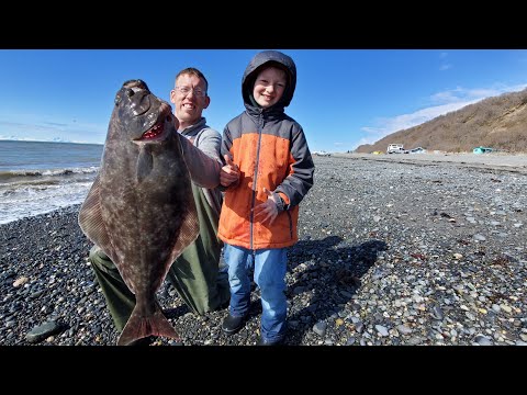 Surf Fishing & Camping on a Beach - Halibut Catch & Cook