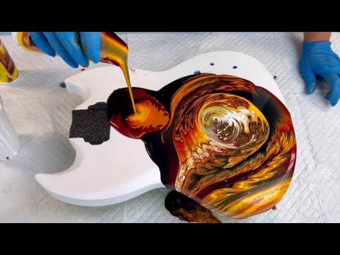 Fiery Results! - Double Straight Pour On An Electric Guitar! - Acrylic Pouring