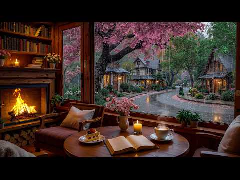 Beautiful Coffee Shop Spring Rain ☕ Gentle Jazz Piano, Crackling Fireplace Ambience for Study & Work
