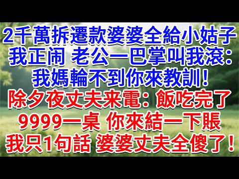 2千萬拆遷款婆婆全給小姑子,我正闹老公一巴掌叫我滾:我媽輪不到你來教訓!除夕夜丈夫来電:飯吃完了,9999一桌,你來結一下賬!我只1句話 婆婆丈夫全傻了!#情感故事#故事#小說#戀愛#情感#婚姻