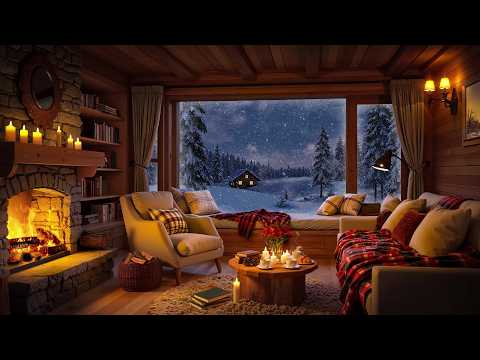 Warm Piano Jazz by the Fireplace | Snowfall Outside a Cozy Cabin for Stress Relief