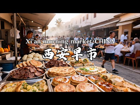 西安早市，红砖南路早市，驴肉火烧/桨水鱼鱼/豆卷/菜盒子/油茶麻花/香葱大饼/甑糕/鸡蛋灌饼/水煎包等各种美食，处处烟火气，西安街头美食，Xi'an morning market·CHINA