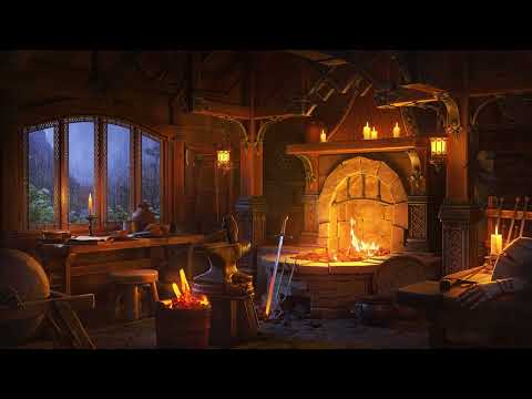 The Blacksmith Workshop | Rain and Crackling Fireplace Sounds | D&D Medieval Ambience