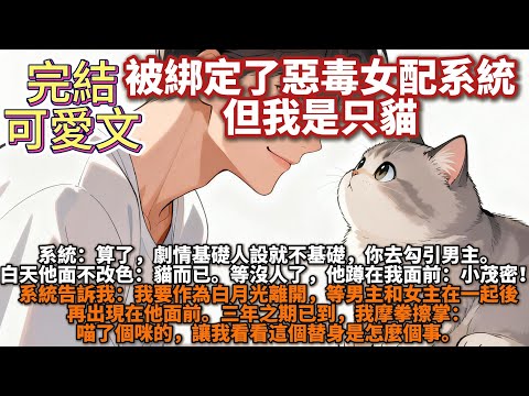完結可愛文：被綁定了惡毒女配系統，但我是只貓。系統：算了，劇情基礎人設就不基礎，你去勾引男主。白天：不過是貓⽽已。等沒人了，他蹲在我⾯前：⼩茂密！系統告訴我，我要作為白月光離開，等男女主在一起後再出現