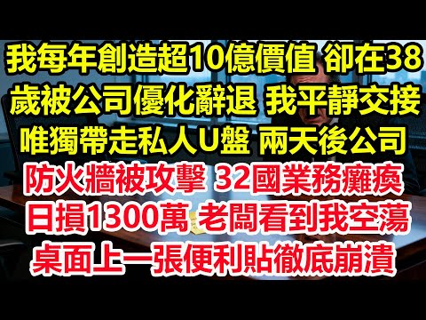 我每年創造超10億價值，卻在38歲被公司優化辭退。我平靜交接，唯獨帶走私人U盤。兩天後公司防火牆被攻擊，32國業務癱瘓，日損1300萬。老闆看到我空蕩桌面上一張便利貼徹底崩潰#情感 #爽文 #職場