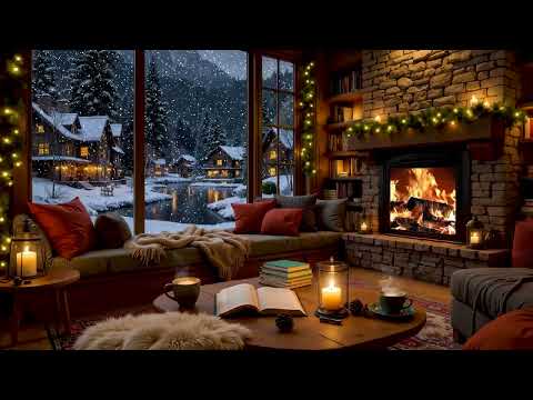 Snowy Village Cafe at Night ✨ Calm Jazz Music with Fireplace for Reading & Deep Relaxation