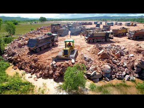 Ultimate Display! Many Dump Trucks Waiting To Unload A Dozer Need Faster While Other Dozers Broken