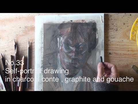 No.33 self-portrait drawing in graphite, charcoal conte and gouache 1/1