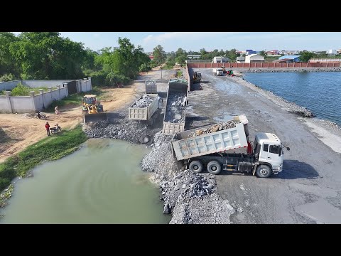 Amazing Project!! Wheel Loader Pushing Stone Filling Into Water Deep With Dump Trucks SHACMAN