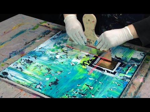 Abstrakte Acrylmalerei | Blattgold, Perlgrün und Reflexfarben
