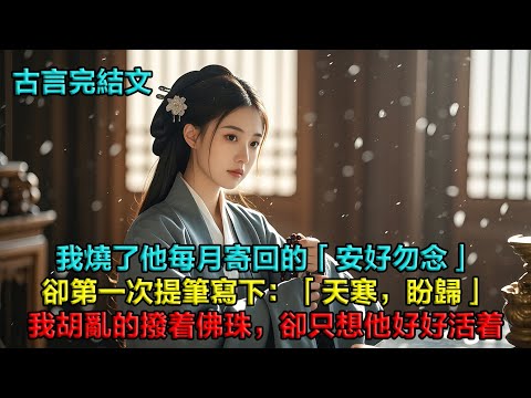 我燒了他每月寄回的「安好勿念」，卻第一次提筆寫下：「天寒，盼歸。」可燕門那樣冷，他連百姓送的衣裳都不肯要，一雙手凍得滿是裂痕。我漠然的撥着佛珠想着，可這與我何干？我只想他好好活着