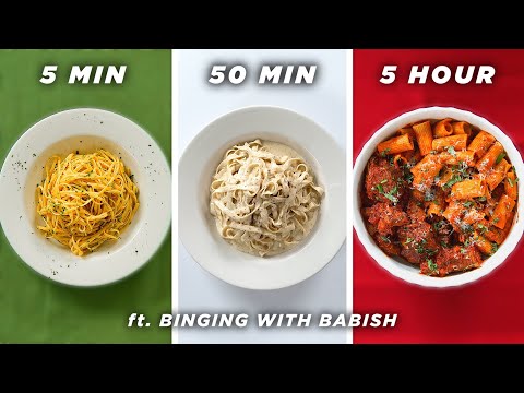 5 Min vs. 50 Min vs. 5 Hour Pasta (ft. Binging With Babish) • Tasty