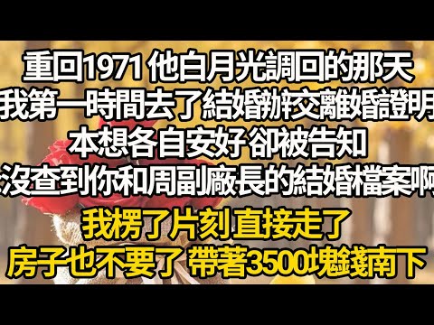 【完結】重回1971 他白月光調回的那天，我第一時間去了結婚辦交離婚證明，本想各自安好 卻被告知:沒查到你和周副廠長的結婚檔案啊，我楞了片刻 直接走了，房子也不要了 帶著3500塊錢南下