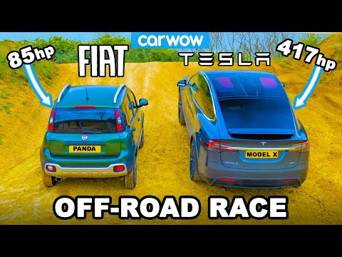 Tesla Model X v Fiat Panda Cross: UP-HILL DRAG RACE & which is best OFF-ROAD!
