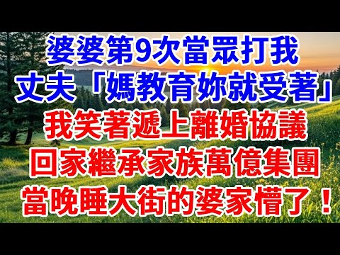婆婆第9次當眾打我，丈夫「媽教育妳就受著」，我笑著遞上離婚協議，回家繼承家族萬億集團，當晚破產睡大街的婆家懵了！#詩涵講故事#為人處世#生活經驗#情感故事#晚年哲理#說故事#完結文#原創故事