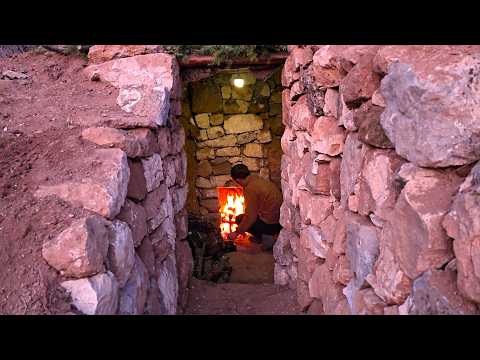 Build a COZY and COMFORTABLE UNDERGROUND SHELTER with FIREPLACE, Bushcraft Survival Shelter Camping